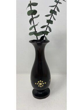 Mango Tree Wood Hand Made Flower Bud Vase 7” Tall Dark Brown Yellow Inlay Dots